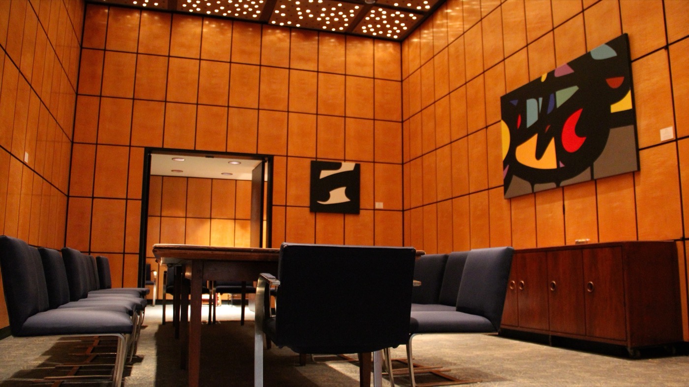 A wood-panelled private dining room at a New York restaurant